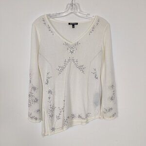 Kasper Knits Women's Asymmetrical Blouse Size M White Gray Embroidery Rayon Y2K
